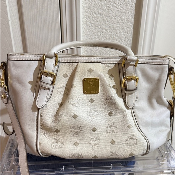 MCM Handbags - MCM Cream Satchel with Gold Accents
